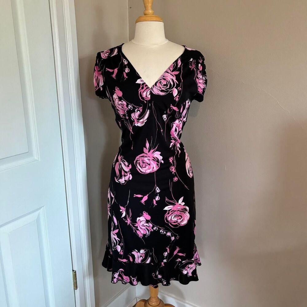 VTG 90s Y2K My Michelle Black & Pink Floral Whimsigoth Dress Women’s Large